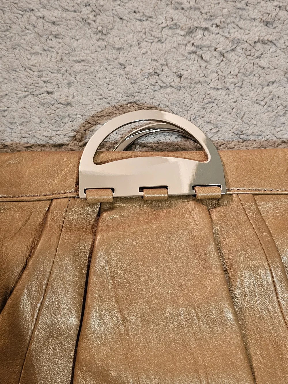 Steve Madden Camel Tan Leather Pleated Clutch with Gold Handle